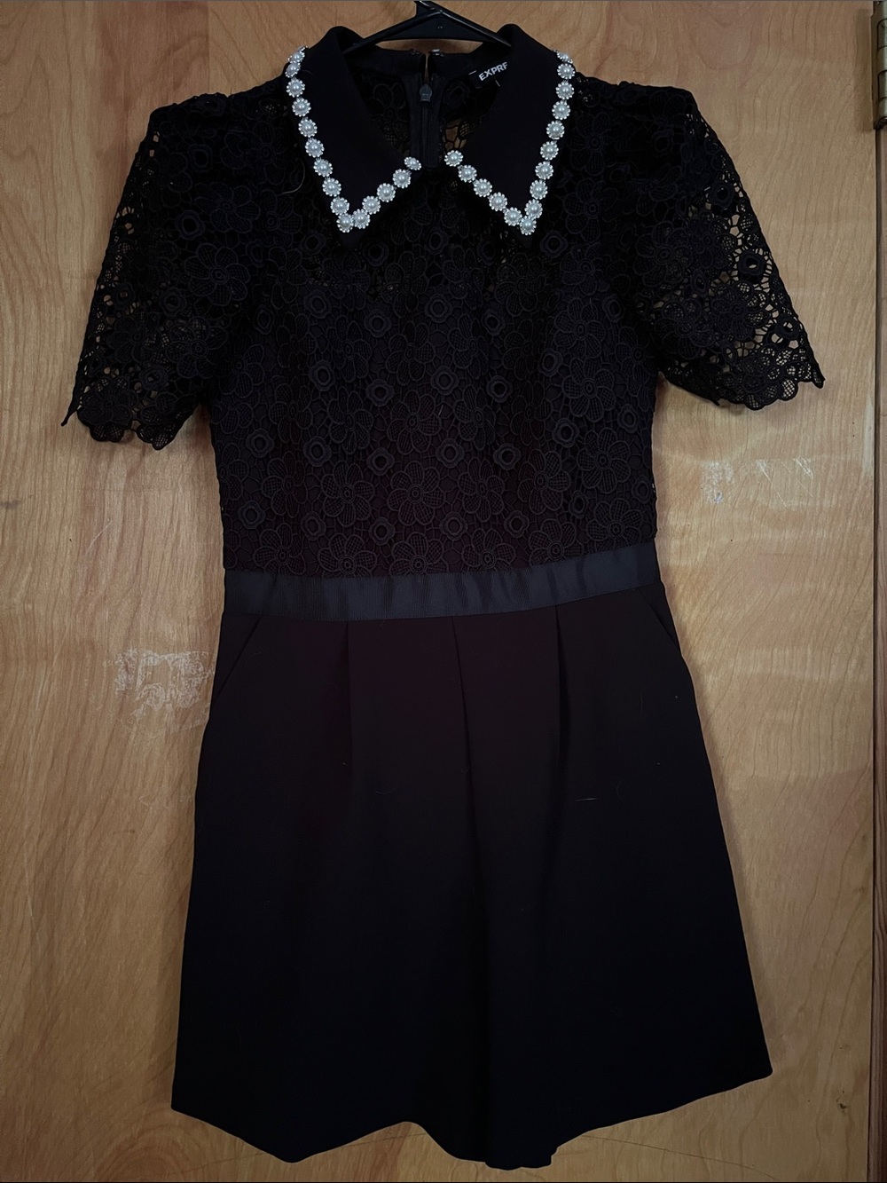 Express Black Lace Mini Dress with Pearl-Trim Collar